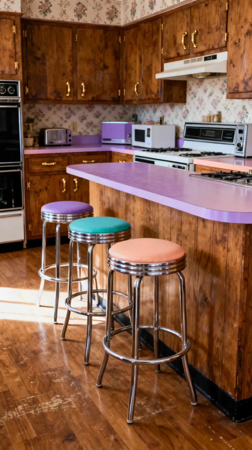 Chrome tubular steel bar stools in an 80s style kitchen