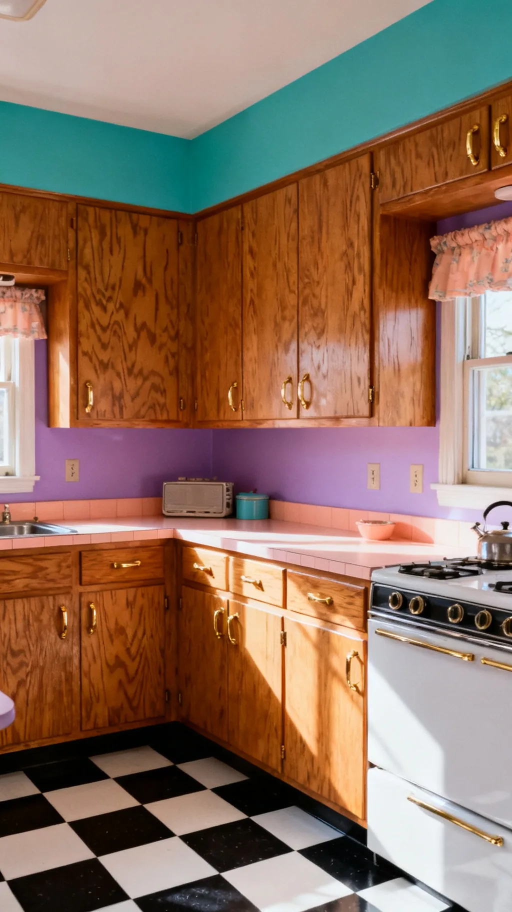 Honey oak cabinets in an 80s style kitchen with brass pulls
