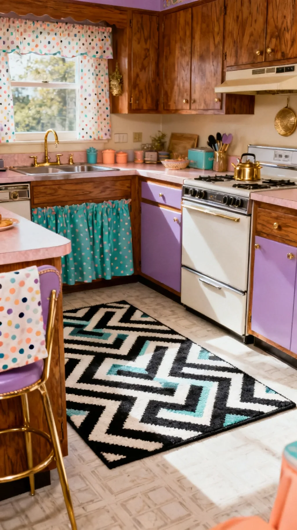Geometric and confetti patterns in an 80s kitchen
