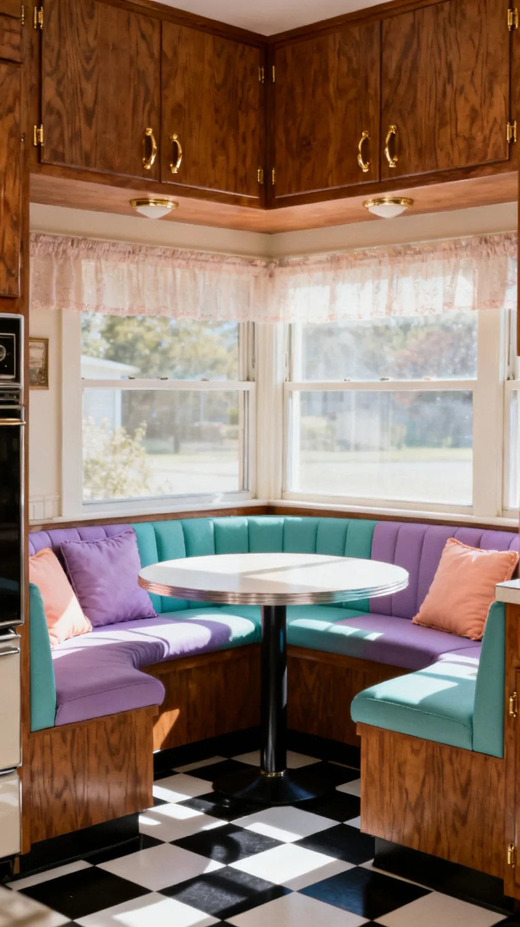 Breakfast nook with built-in seating in an 80s style kitchen