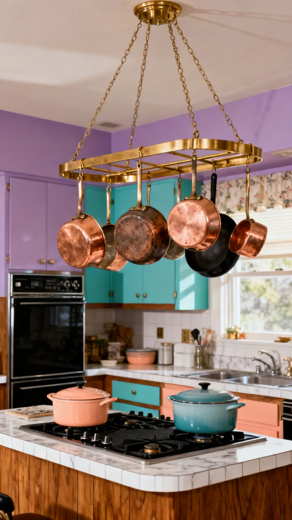 Hanging pot rack with cookware in an 80s style kitchen