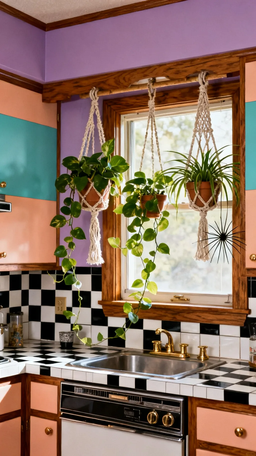 Hanging plants and greenery in an 80s style kitchen