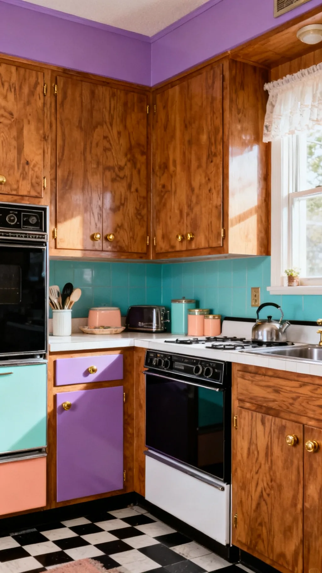 Warm wood and pastel mix in a modern 80s kitchen