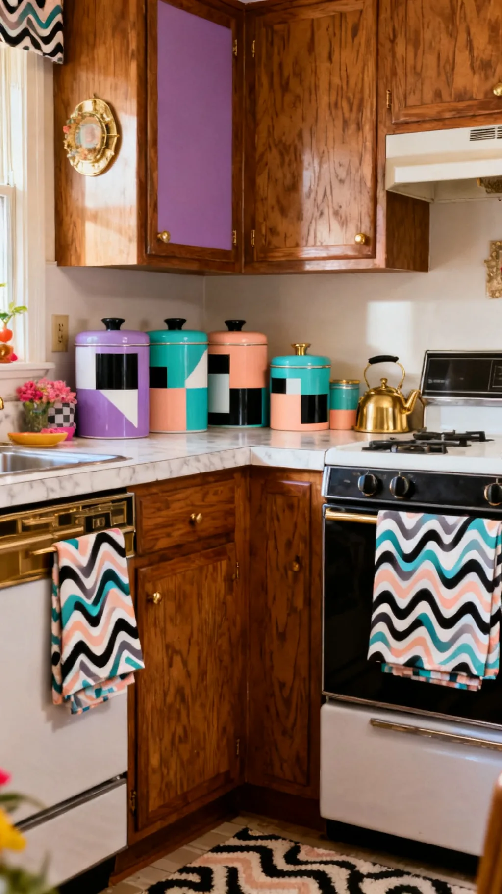 Memphis design color pops in a retro 80s kitchen