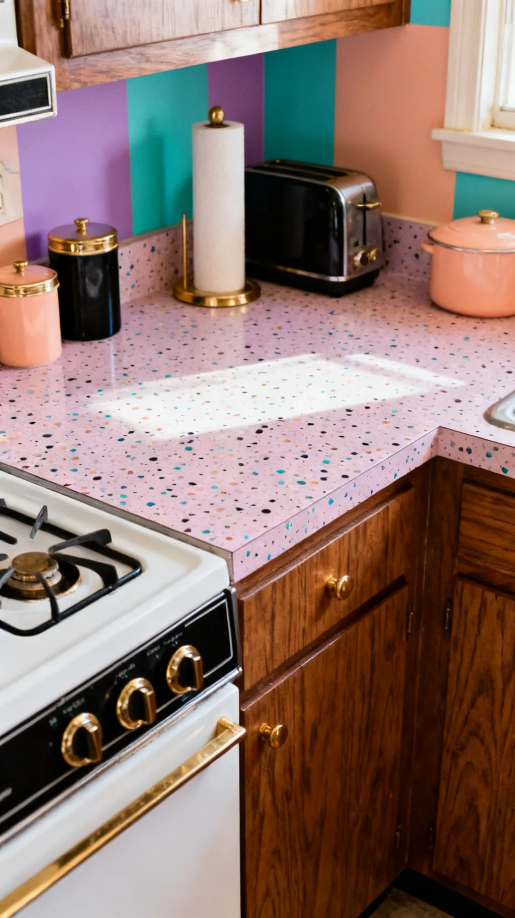Bold patterned laminate countertop in an 80s kitchen
