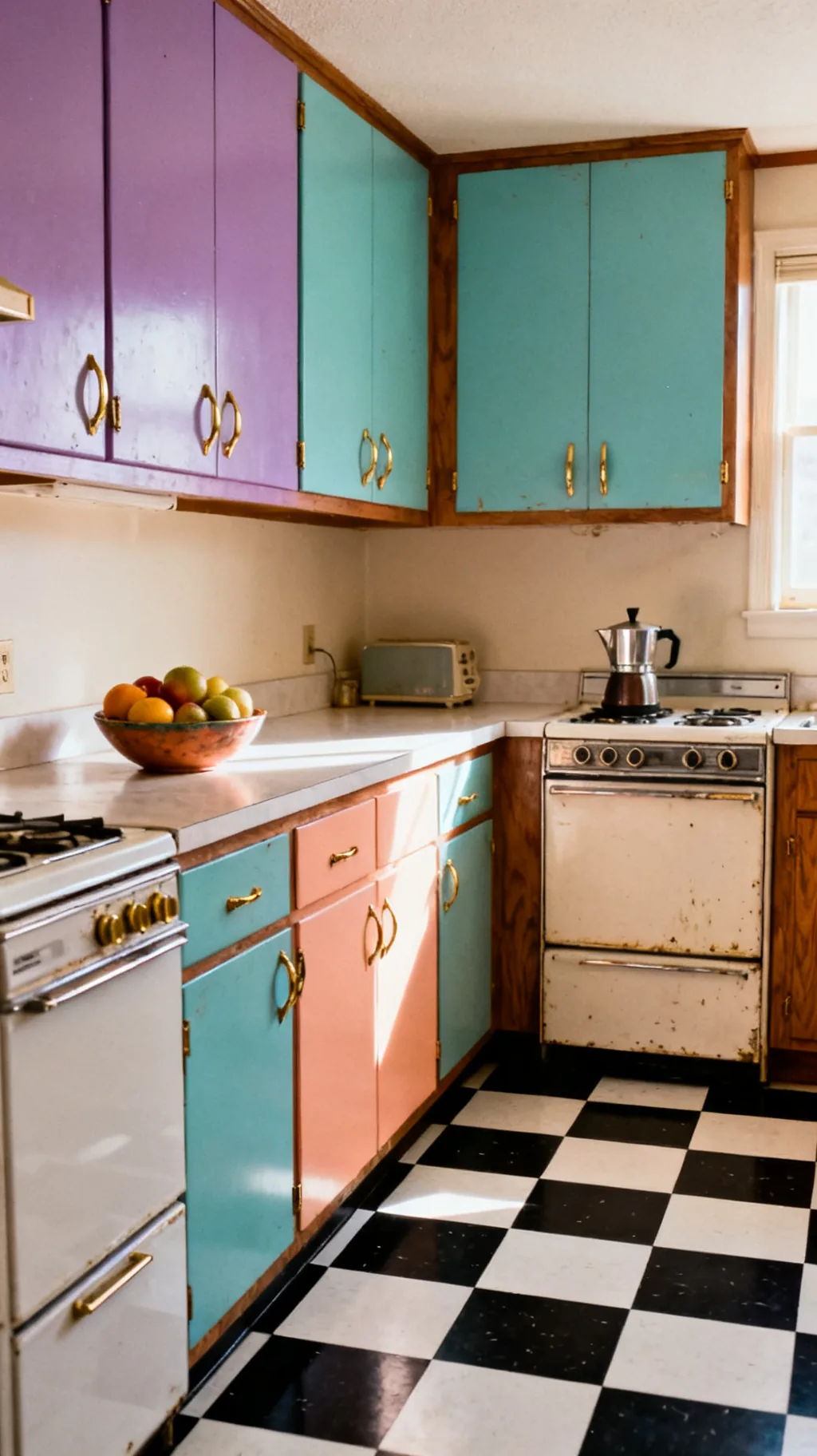 Black and white checkerboard floor in an 80s style kitchen