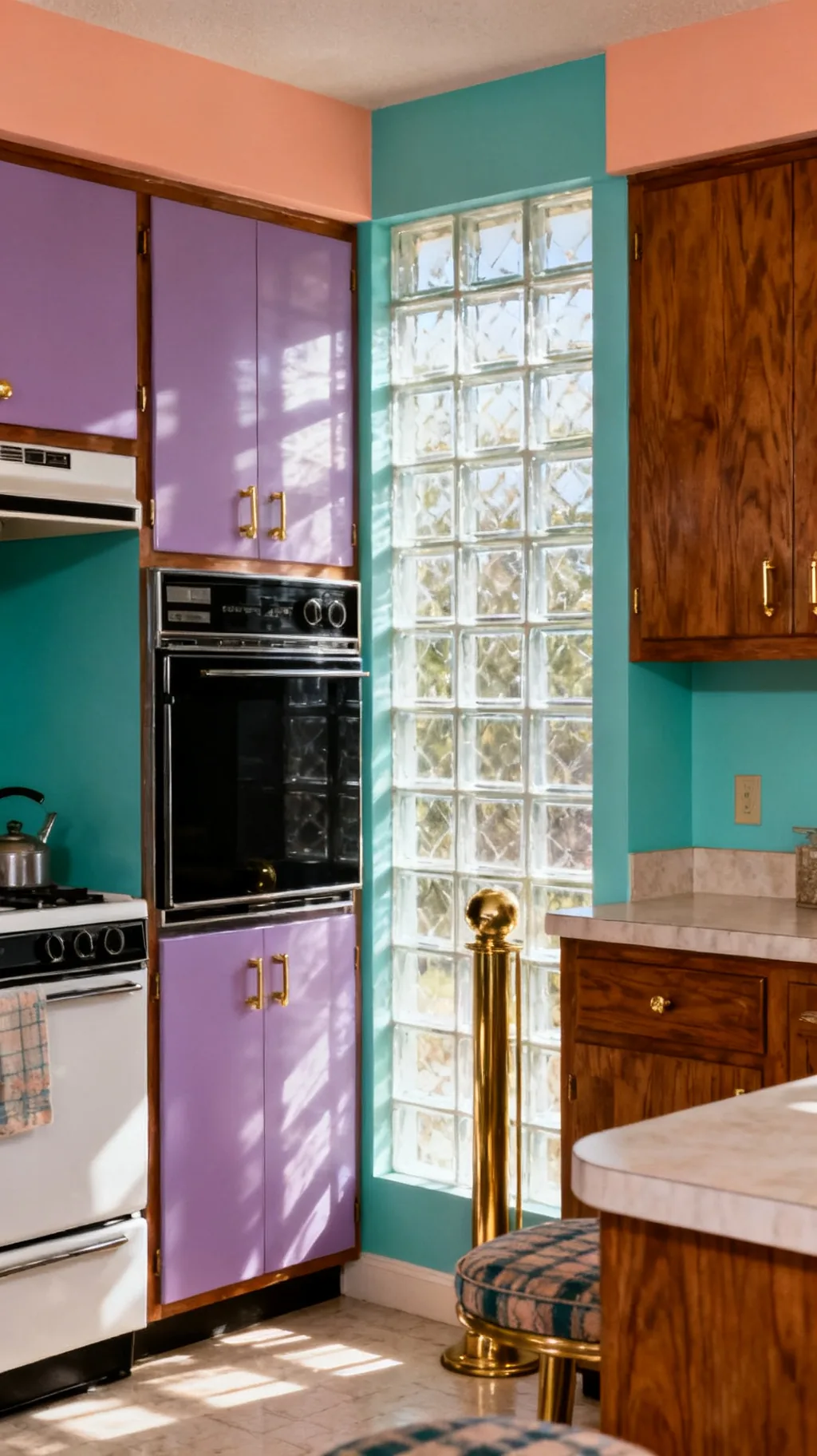Glass block wall divider in an 80s kitchen with soft light