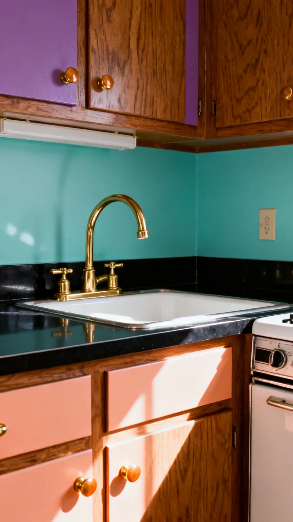 Brass hardware and faucet in an 80s style kitchen