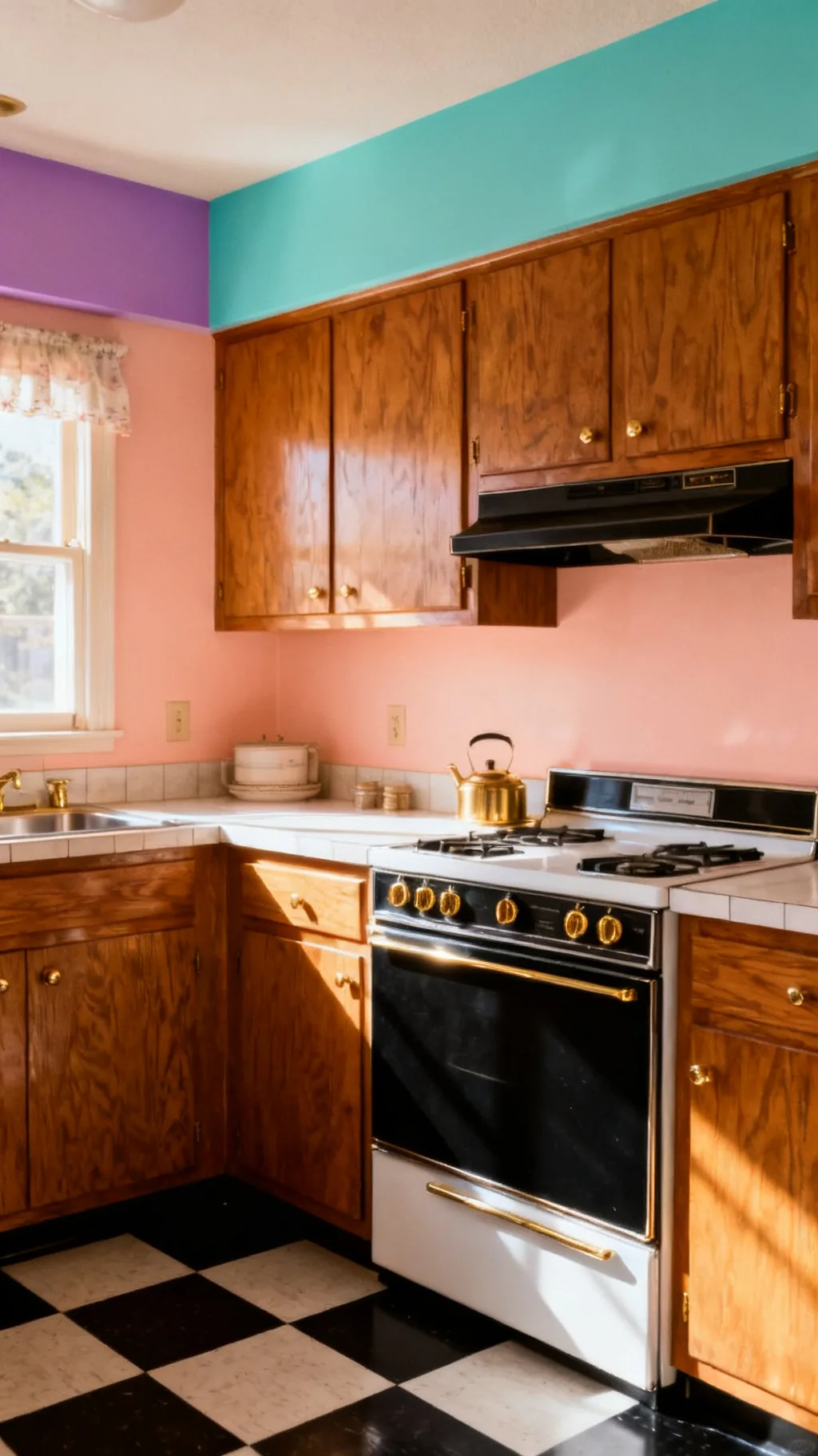 Pastel peach and mint accent walls in an 80s kitchen