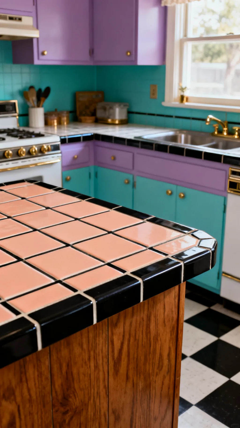 Tile countertop with contrasting grout in an 80s kitchen