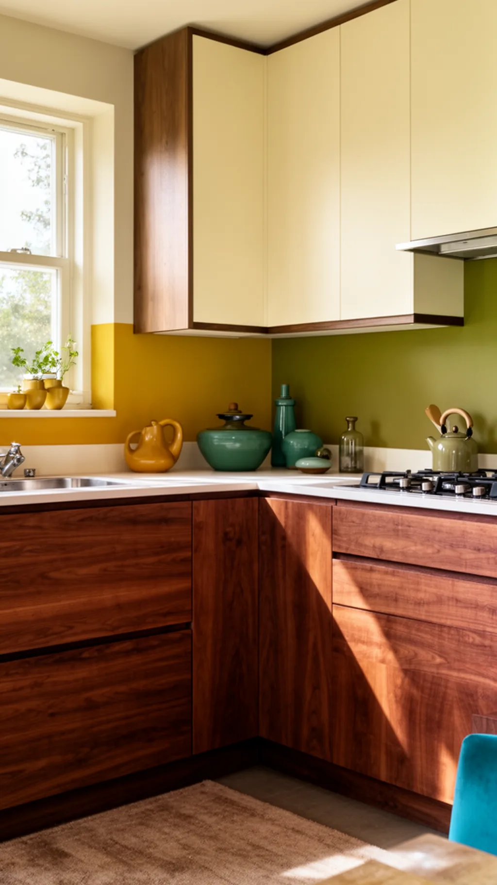 Two-tone walnut and cream cabinets