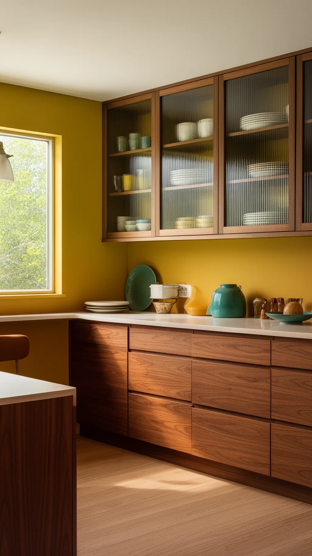 Walnut cabinets with glass fronts