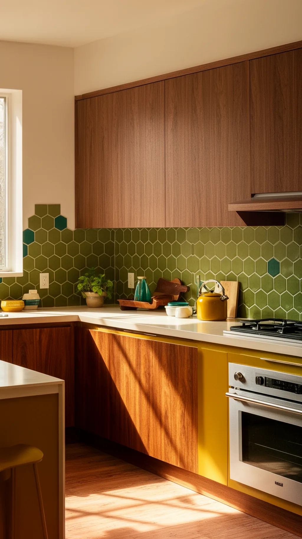 Green hexagon tile backsplash
