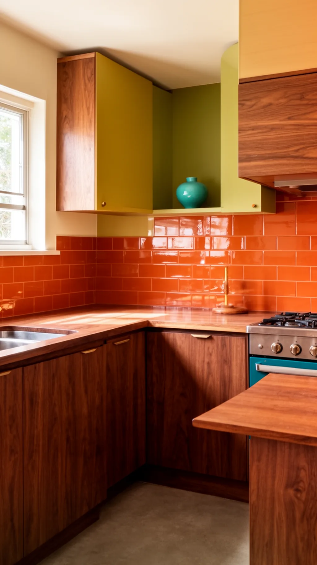 Burnt orange stacked tile backsplash