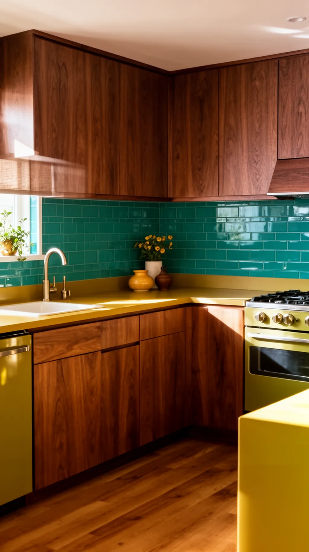 Teal subway tile backsplash