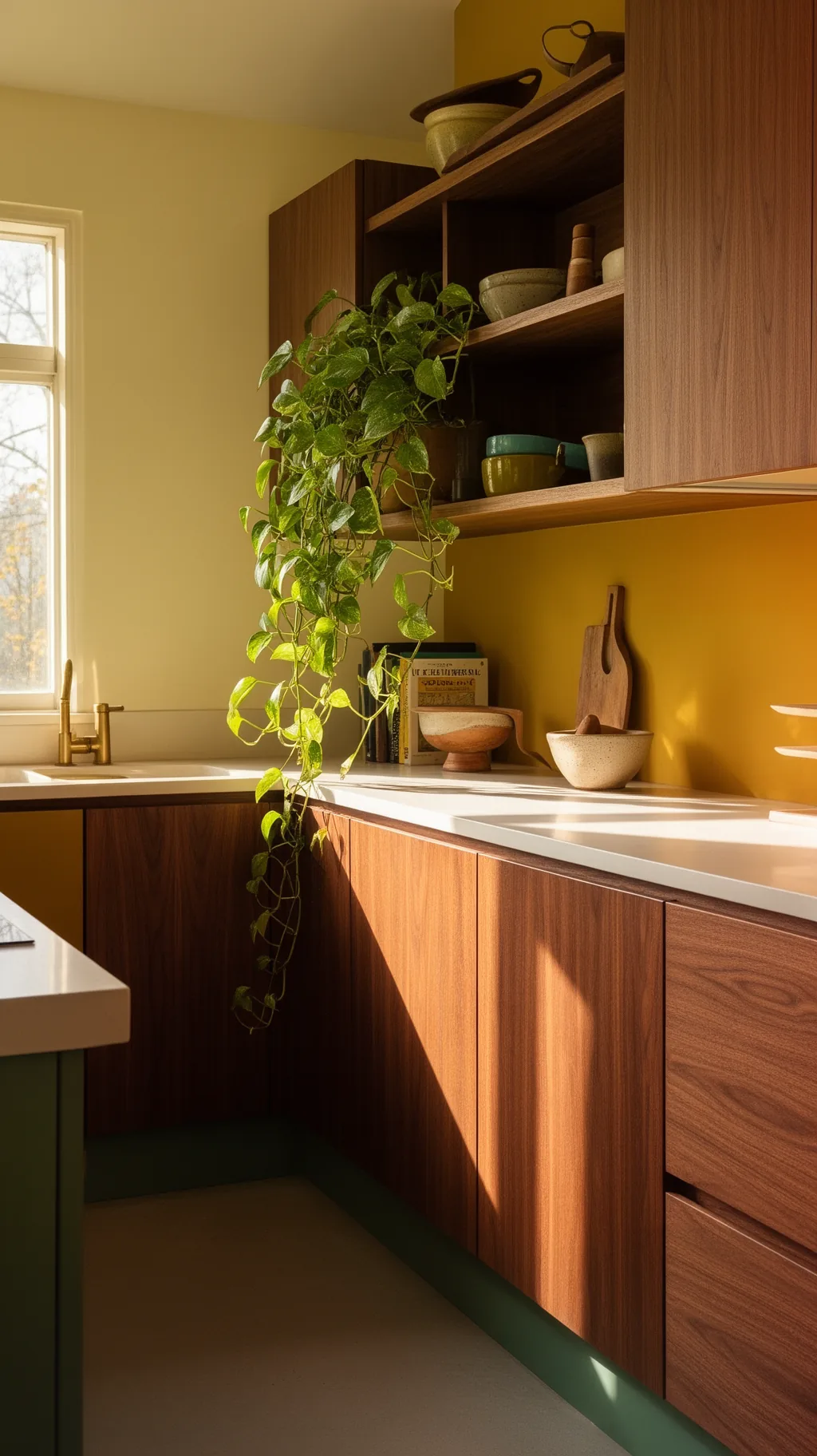 Trailing pothos on a kitchen shelf
