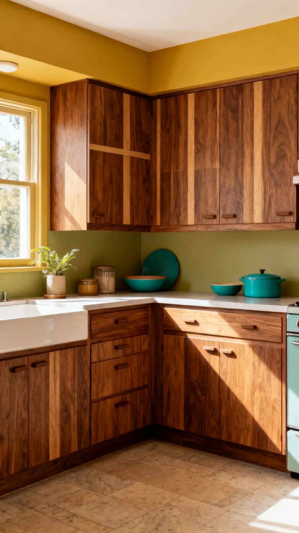 Mid-century modern kitchen with flat-panel walnut cabinets
