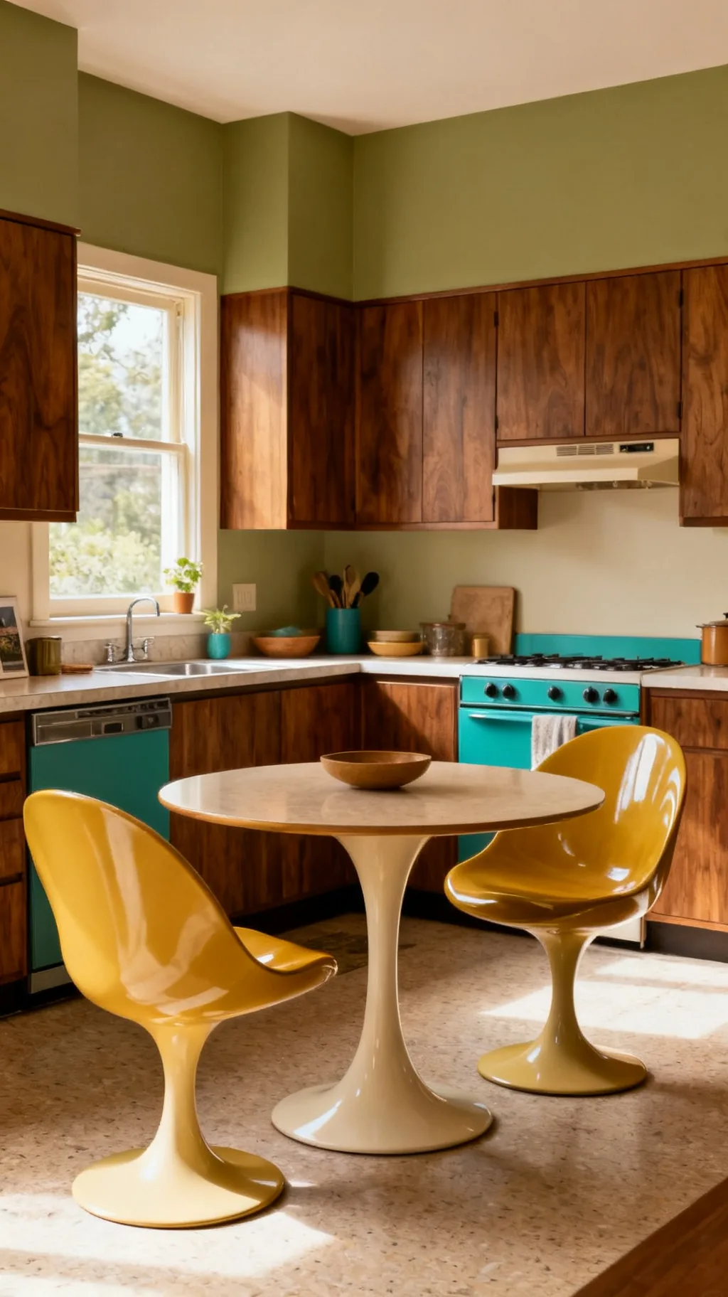 Iconic mid-century furniture silhouettes in a kitchen nook