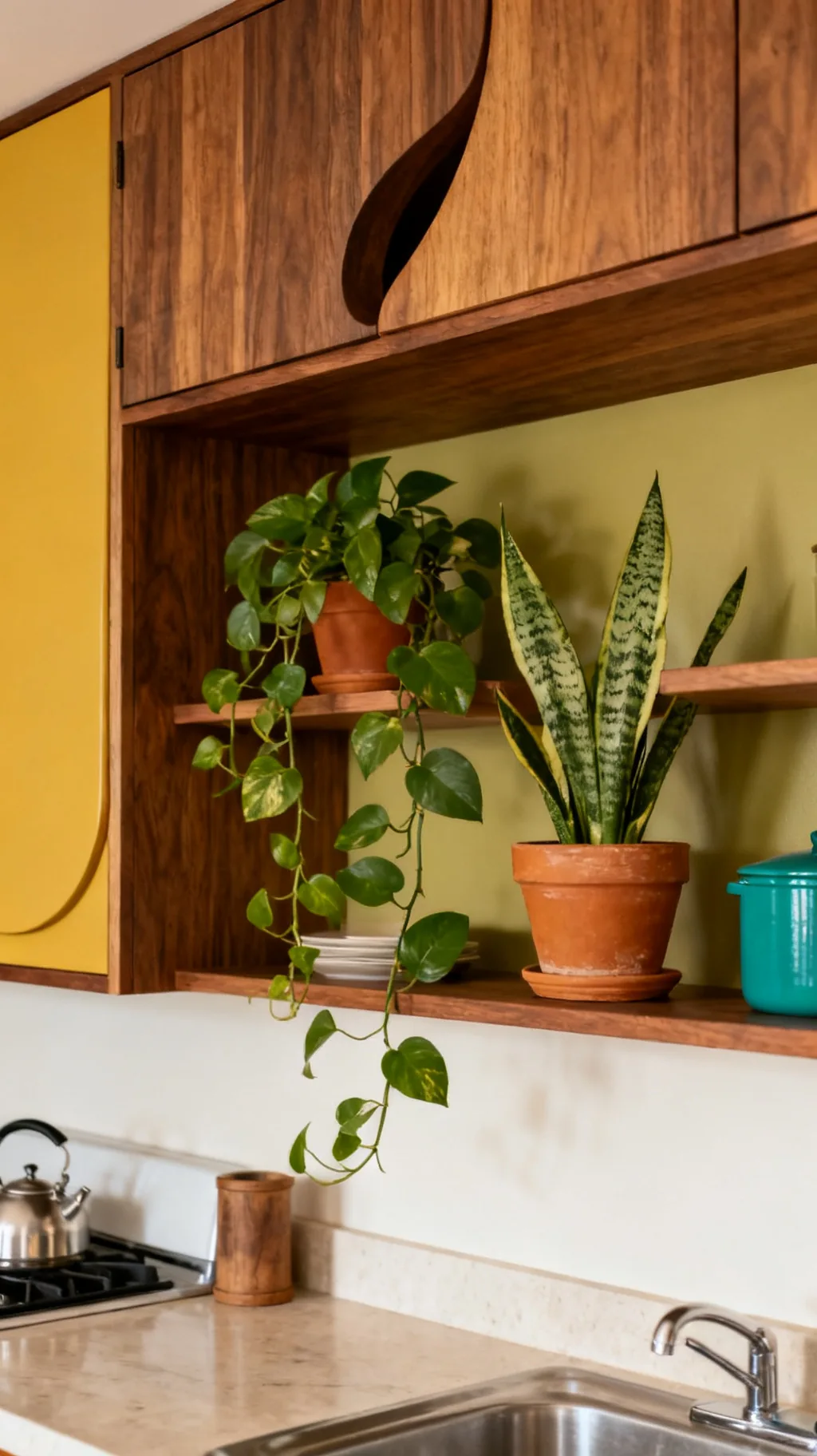 Indoor plants in a mid-century modern kitchen