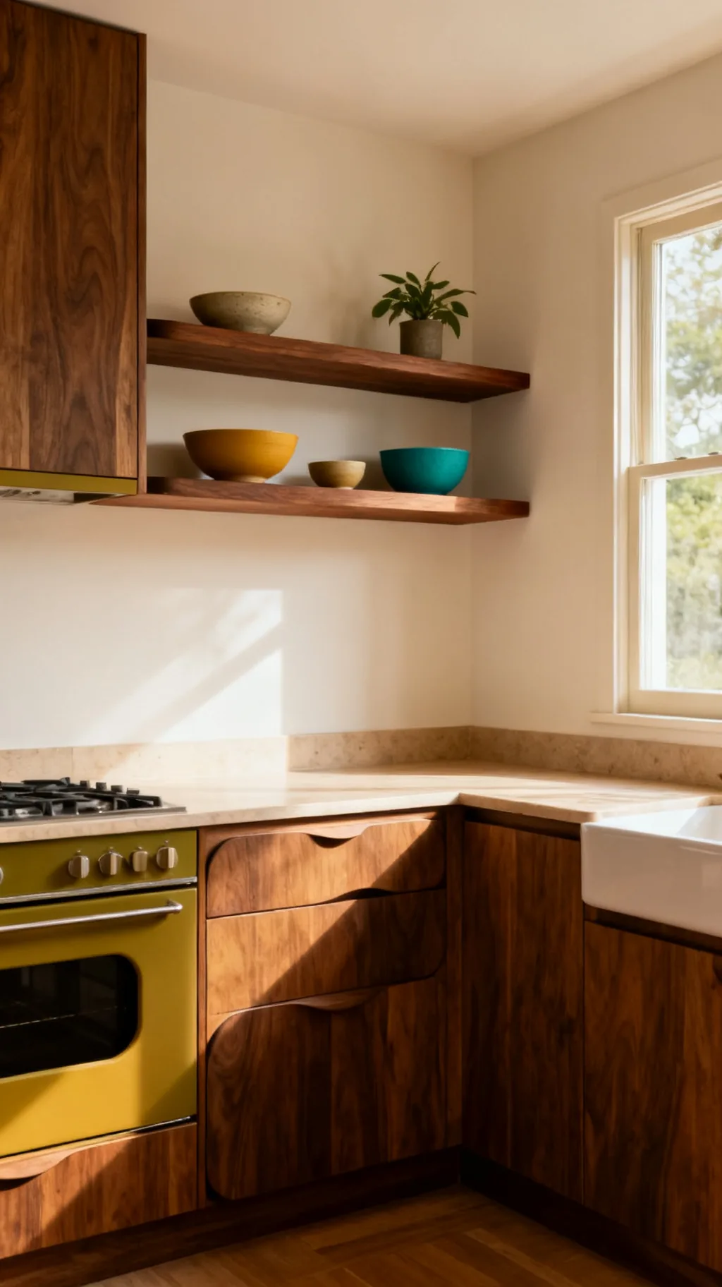 Open wood shelving in a mid-century modern kitchen