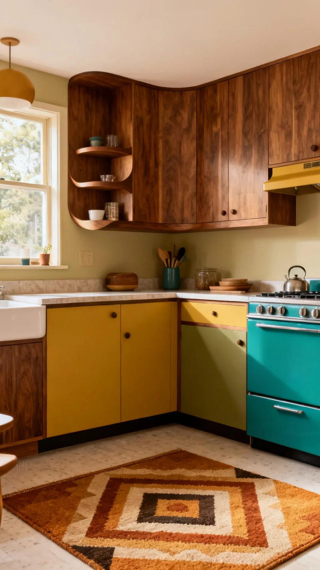 Geometric pattern accent in a mid-century modern kitchen