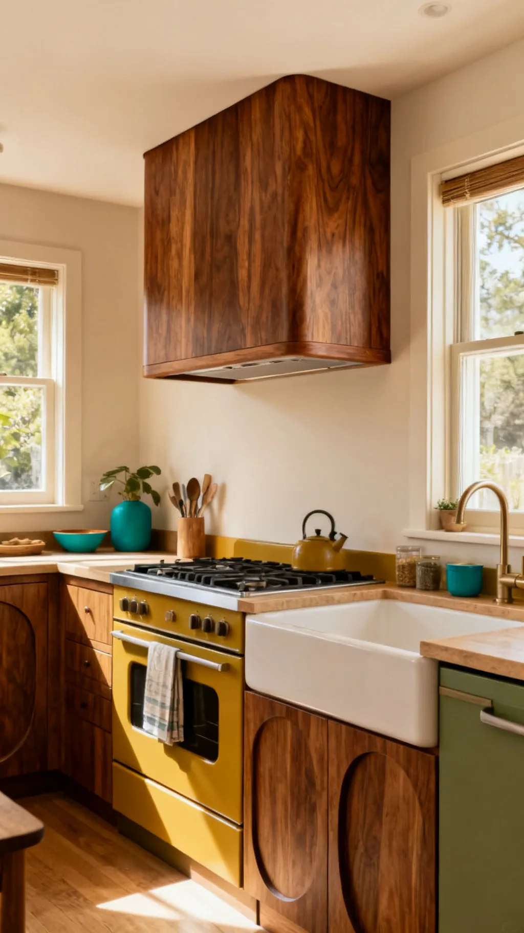 Low-profile range hood in a mid-century modern kitchen