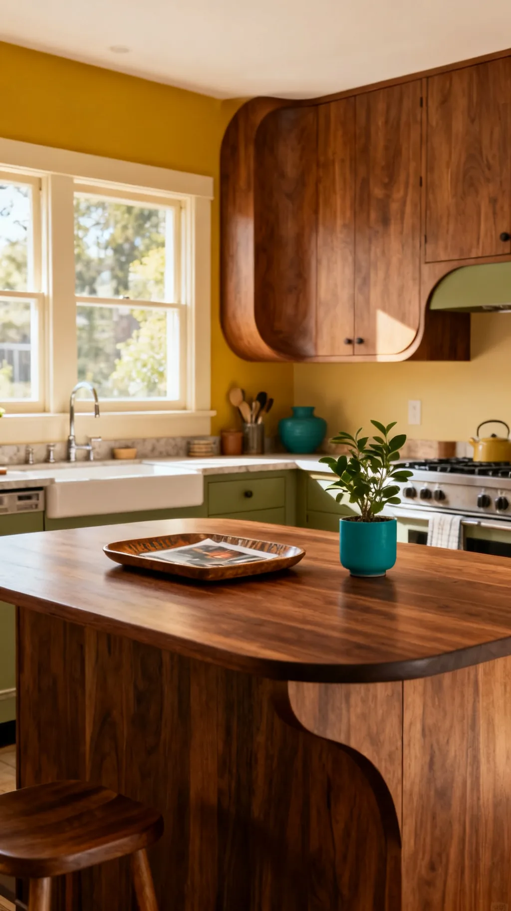 Calm uncluttered counters in a mid-century modern kitchen