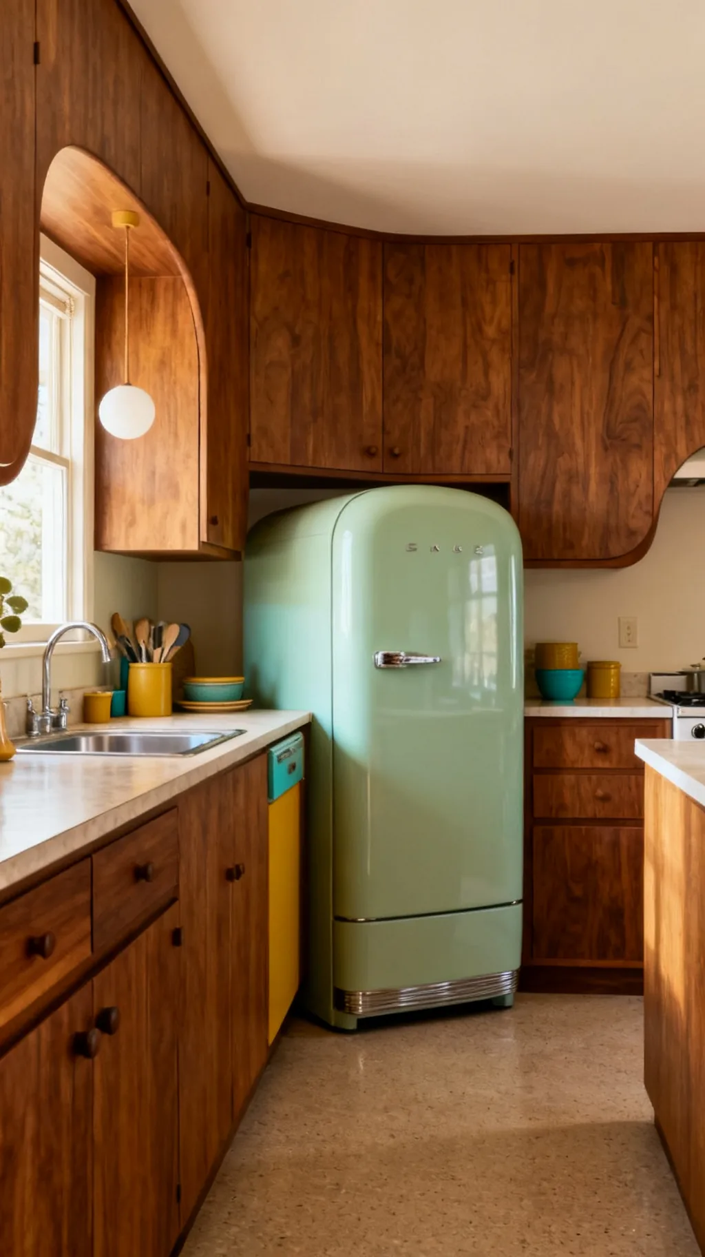 Retro-inspired refrigerator in a mid-century modern kitchen