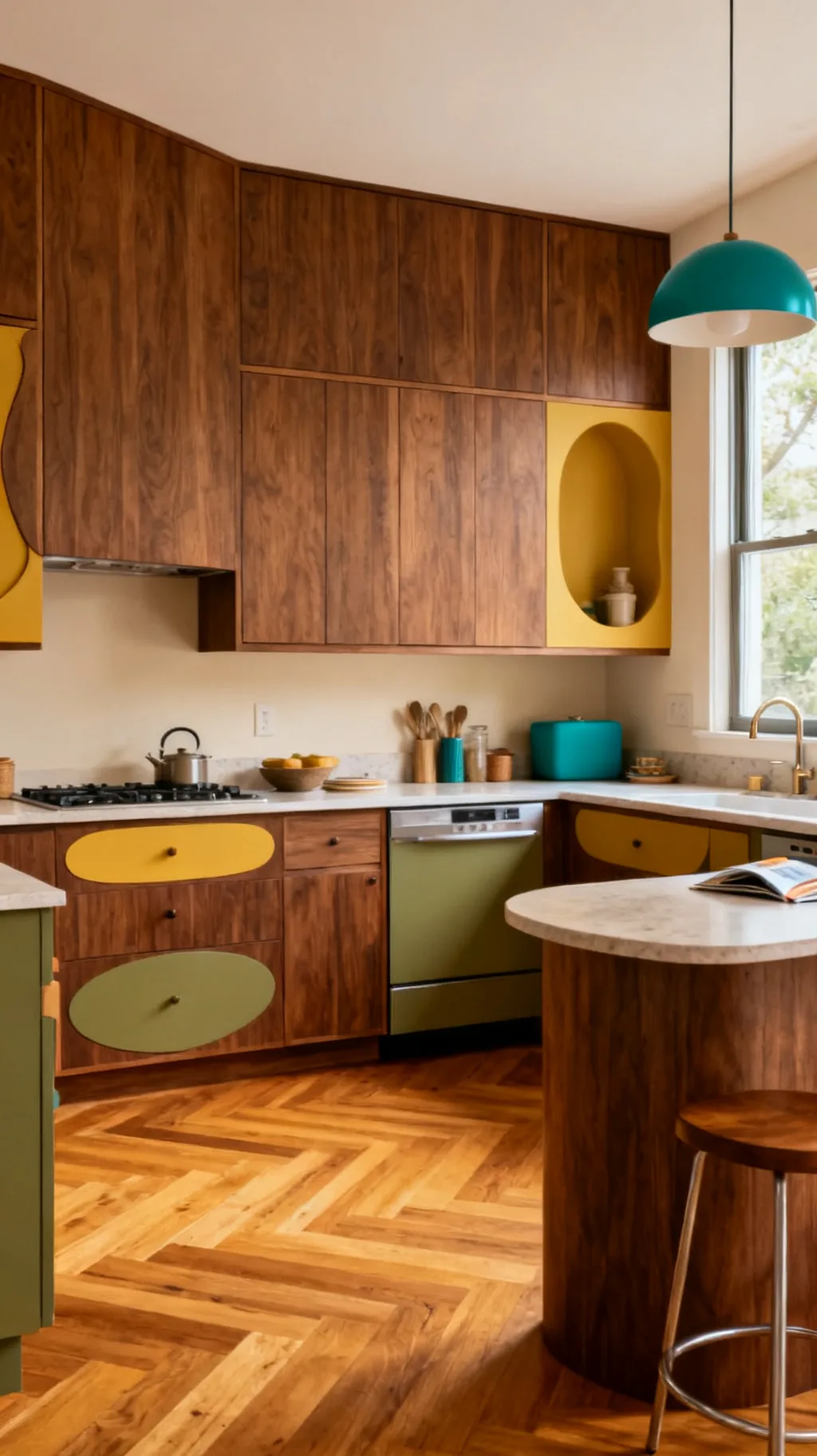 Warm wood flooring in a mid-century modern kitchen