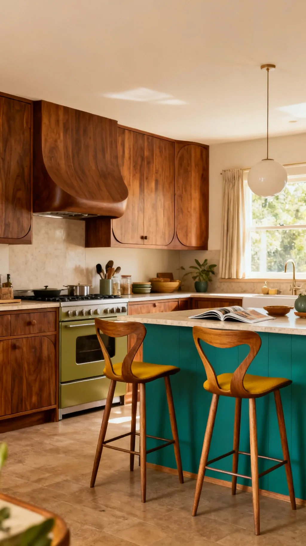 Sculptural bar stools in a mid-century modern kitchen
