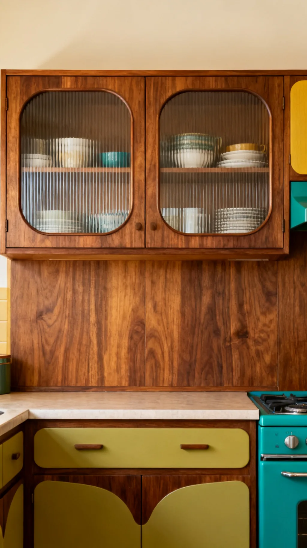 Glass cabinet fronts in a mid-century modern kitchen