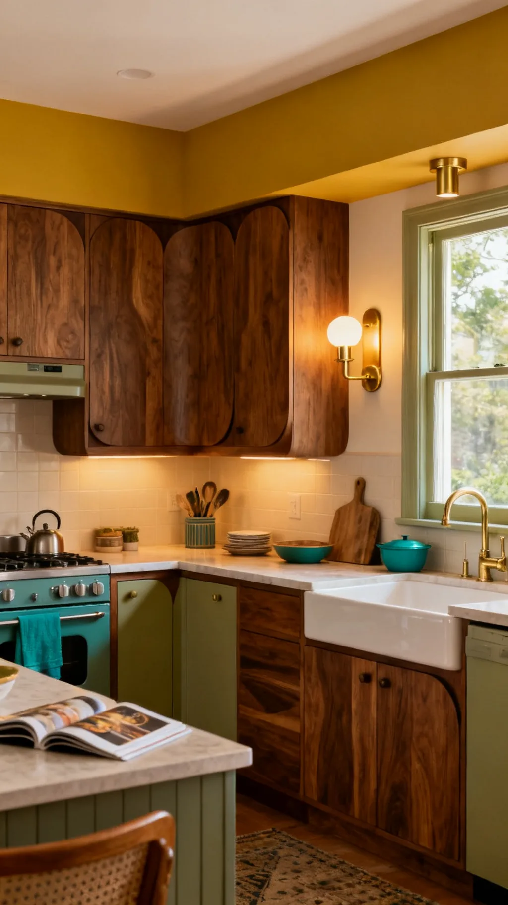 Warm layered lighting in a mid-century modern kitchen