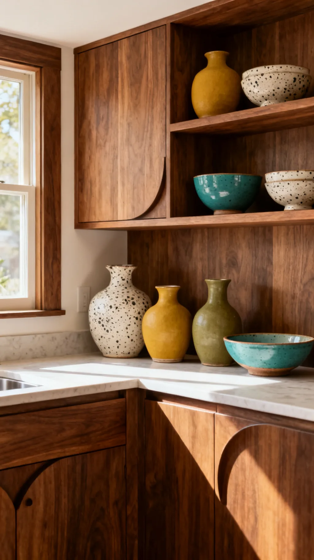 Handmade ceramics in a mid-century modern kitchen