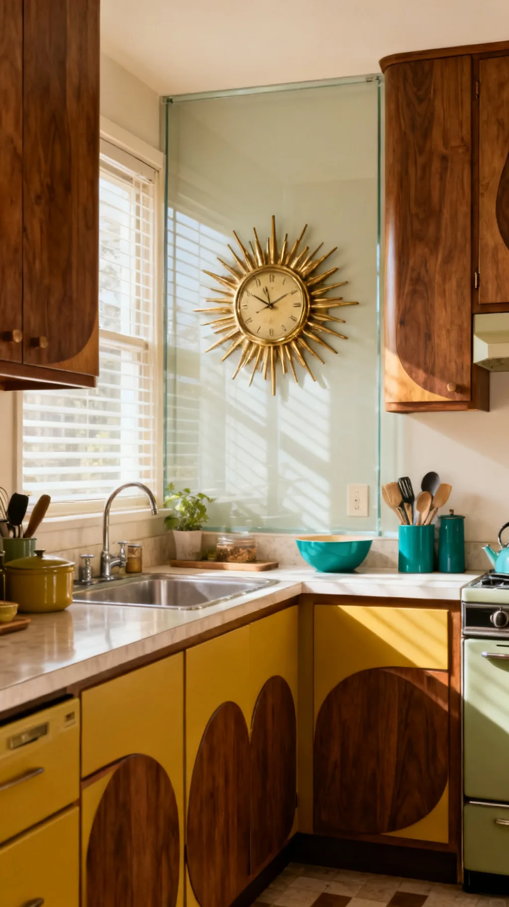 Sunburst wall clock in a mid-century modern kitchen