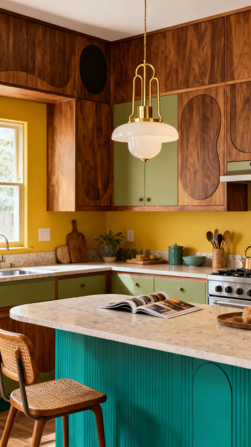Mid-century modern kitchen with a statement pendant light