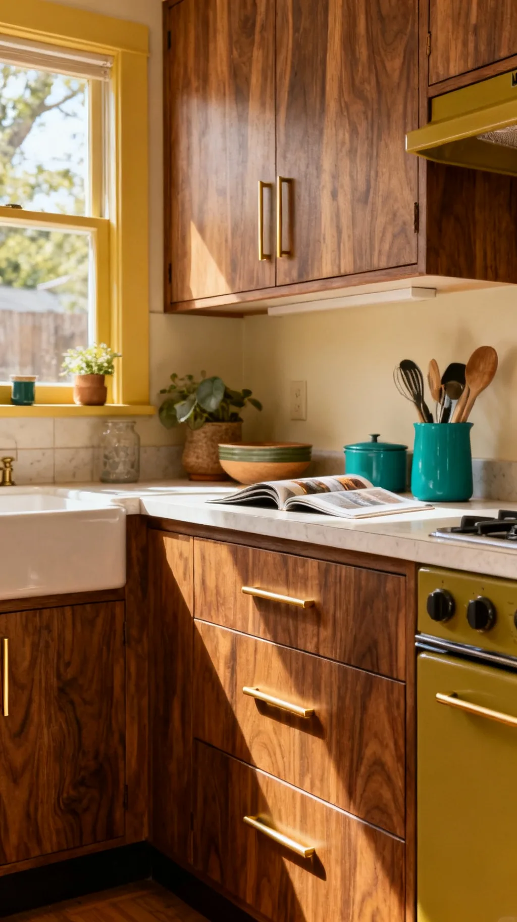 Walnut cabinets with brass hardware in a mid-century modern kitchen