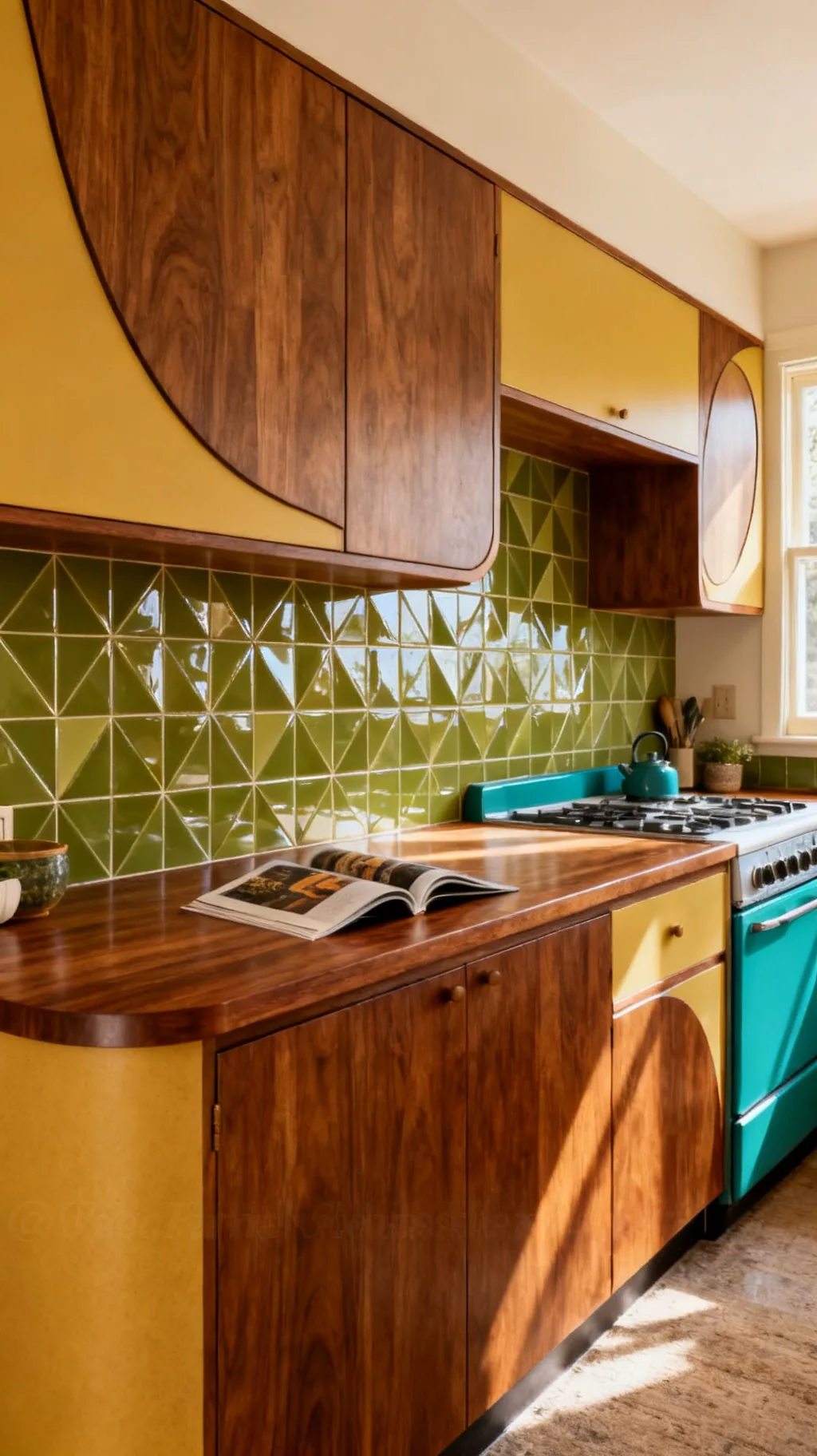 Bold tile backsplash in a mid-century modern kitchen