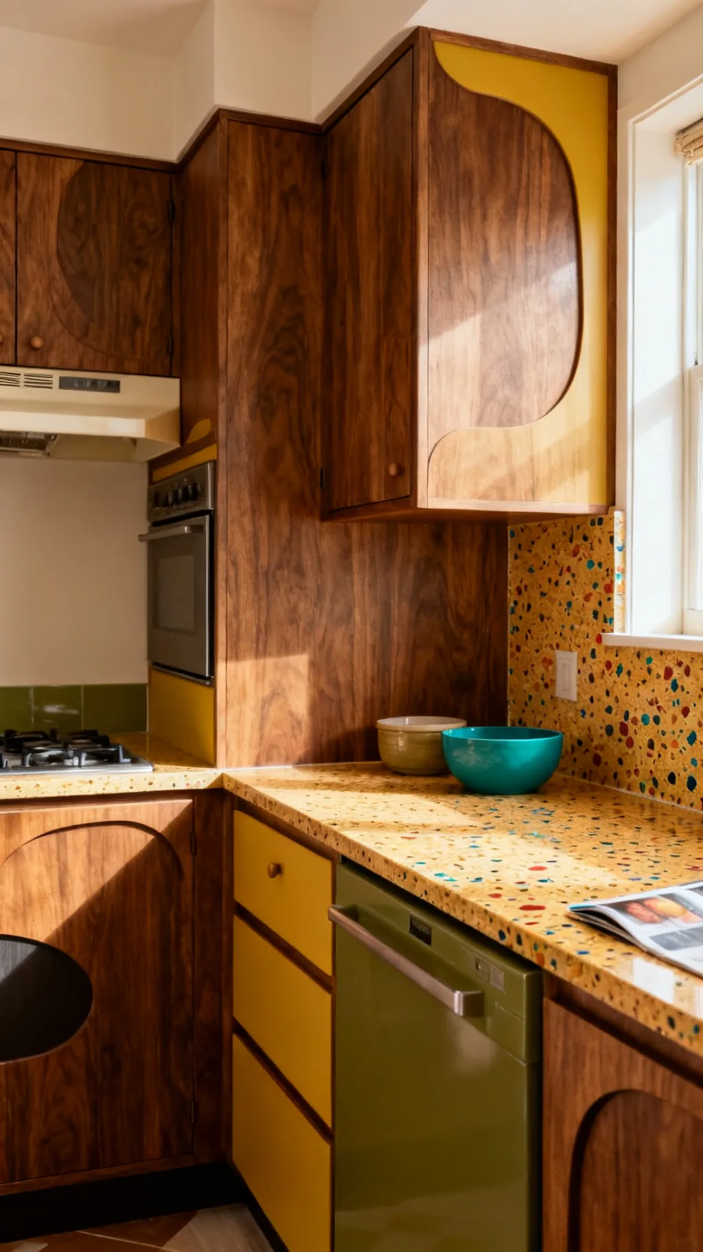Terrazzo countertop in a mid-century modern kitchen