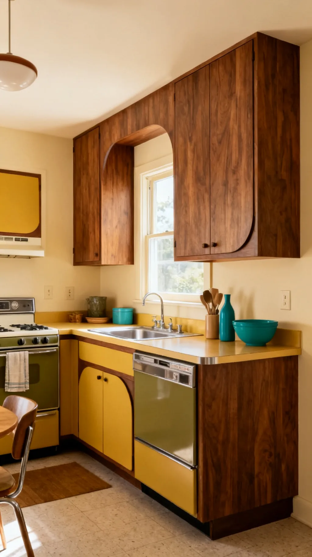 Warm retro color palette in a mid-century modern kitchen