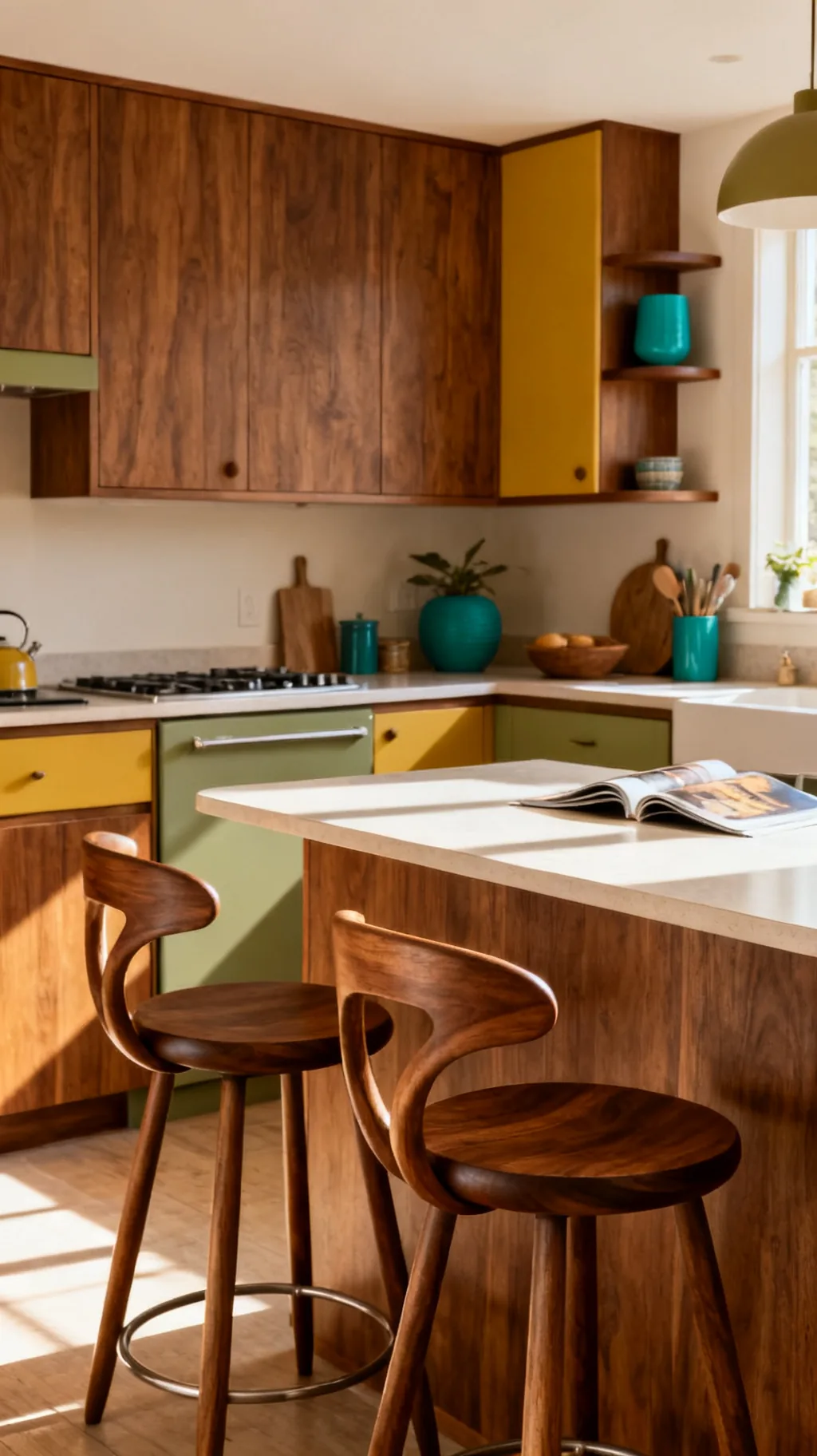 Curved bar stools in a mid-century modern kitchen