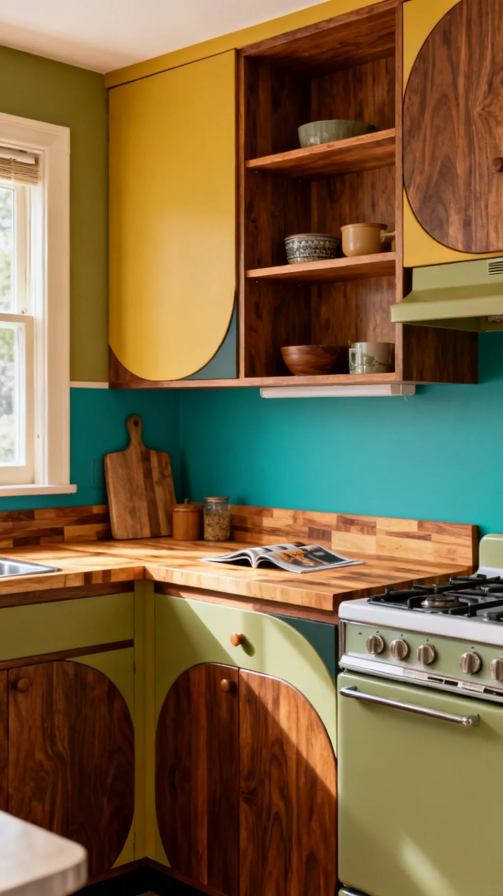 Warm wood tones layered through a mid-century modern kitchen