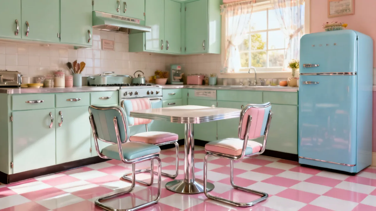 1950s kitchen with mint cabinets, checkerboard floor and pastel fridge