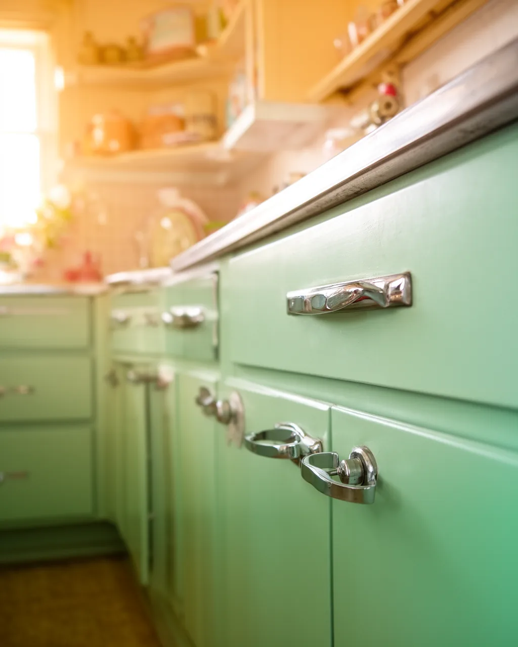 Mint green 1950s kitchen cabinets