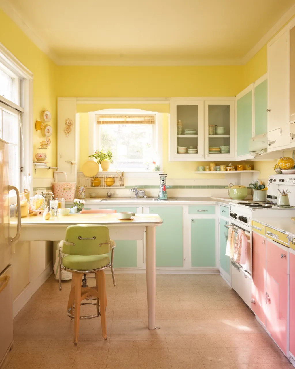 Buttery yellow 1950s kitchen