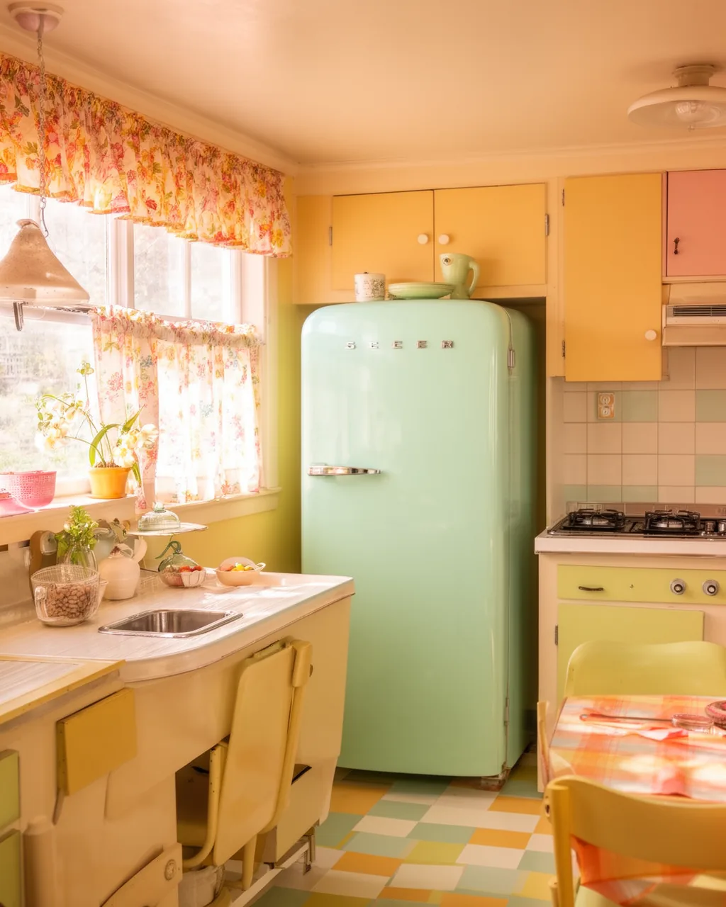 Pastel retro refrigerator in 1950s kitchen