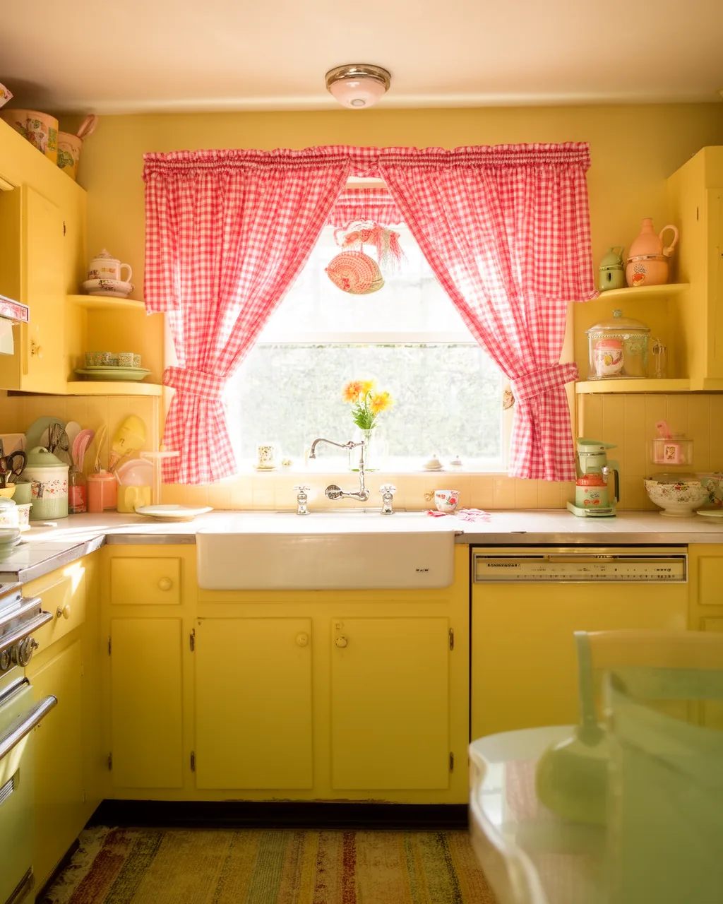 Gingham cafe curtains 1950s kitchen