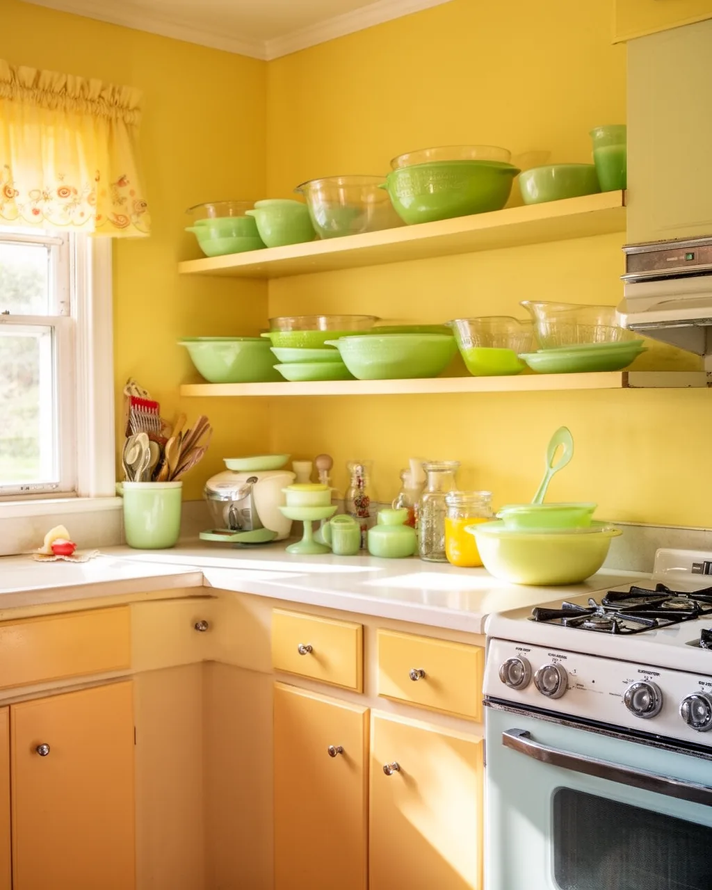 Jadeite and Pyrex on shelves
