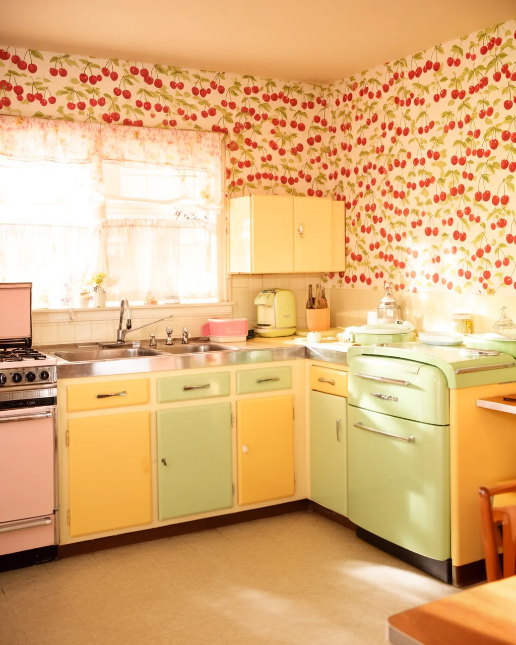 Cherry wallpaper 1950s kitchen