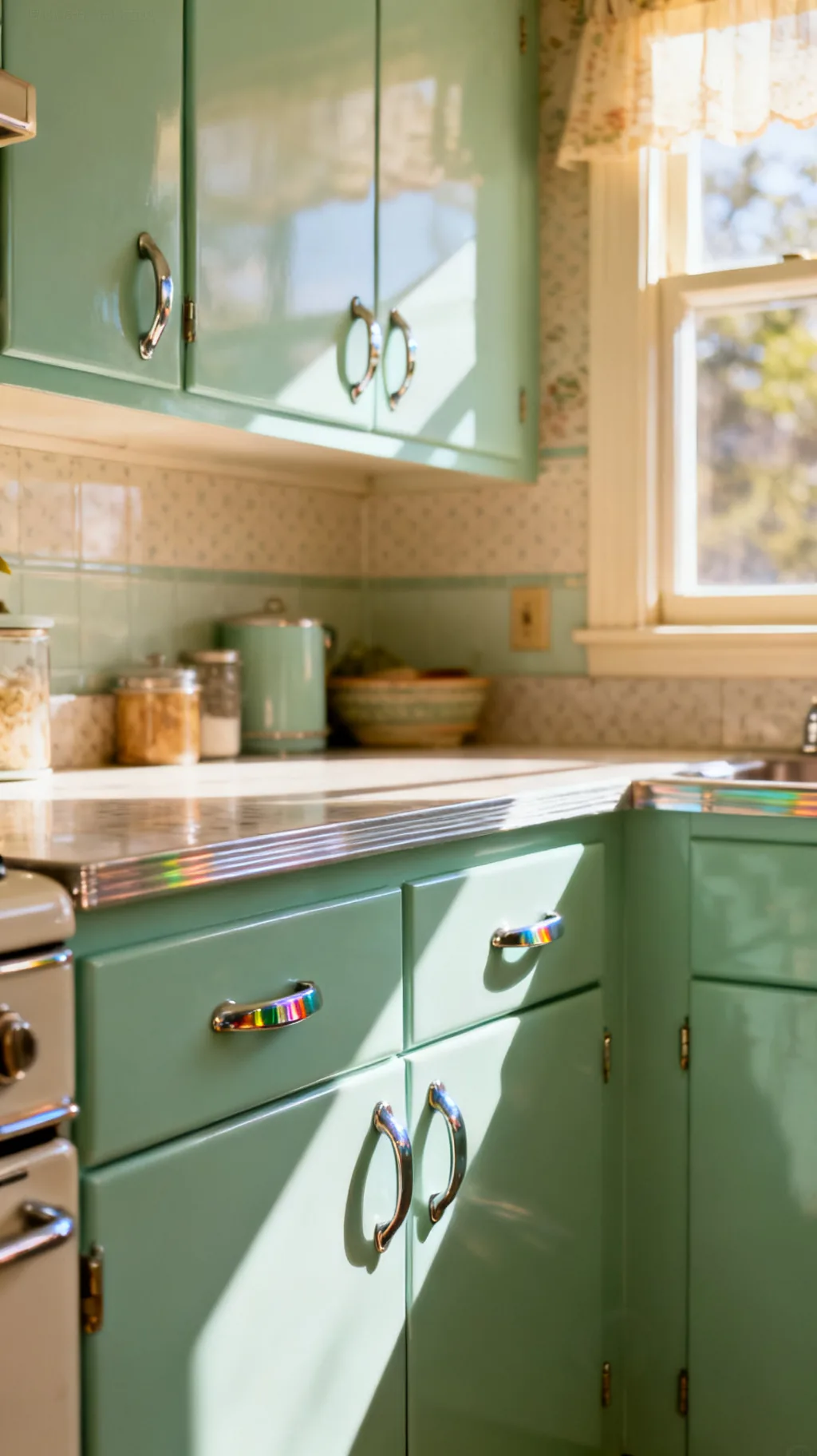 Mint green 1950s kitchen cabinets in soft pastel light