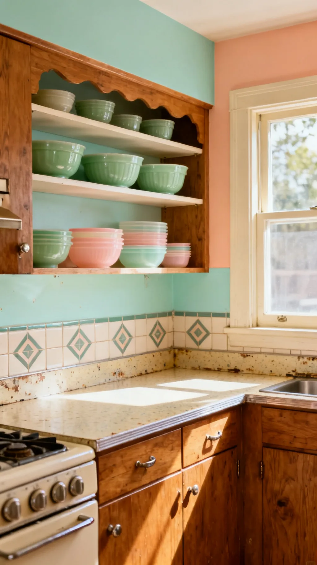 Milk glass and Pyrex on open shelves in a 1950s kitchen